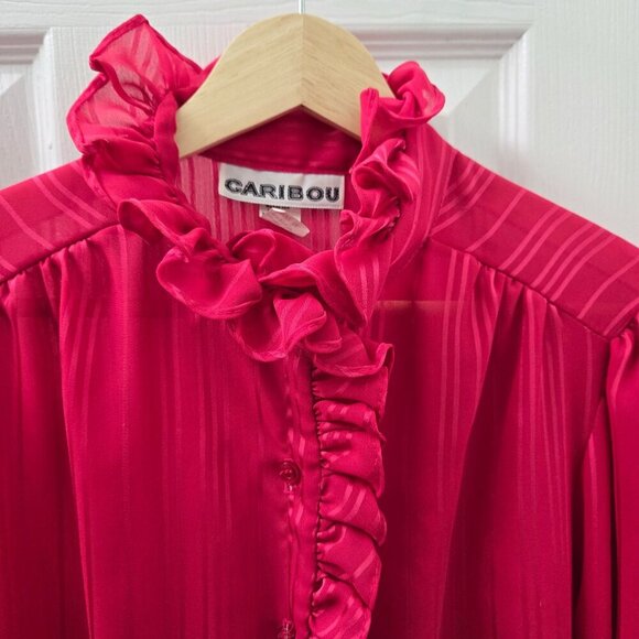 Vintage Caribou Button up Shirt Size 10 Hot Pink Sheer Ruffled Blouse Coquette - Picture 7 of 7